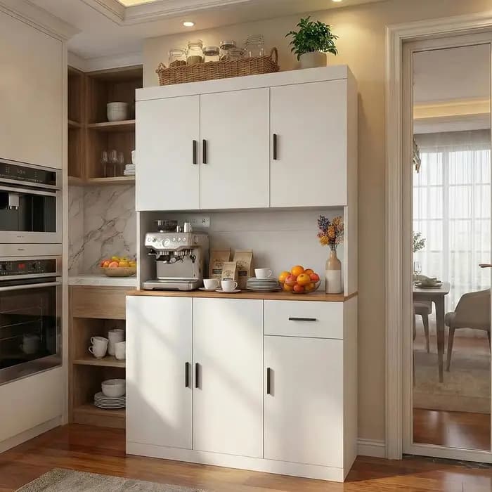 Armoire de cuisine blanche de 71 pouces avec prise de courant, organisateur de rangement de cuisine
