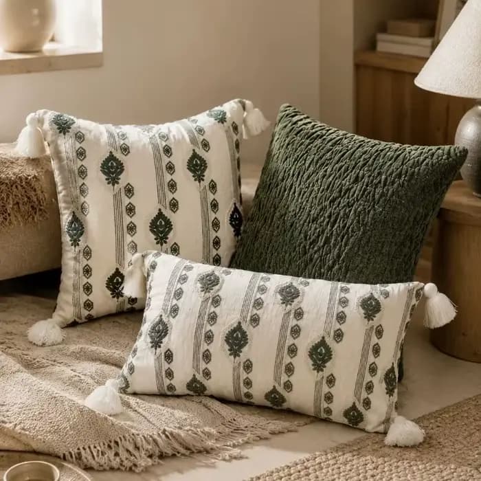 Housse de coussin bohème vert sauge et crème