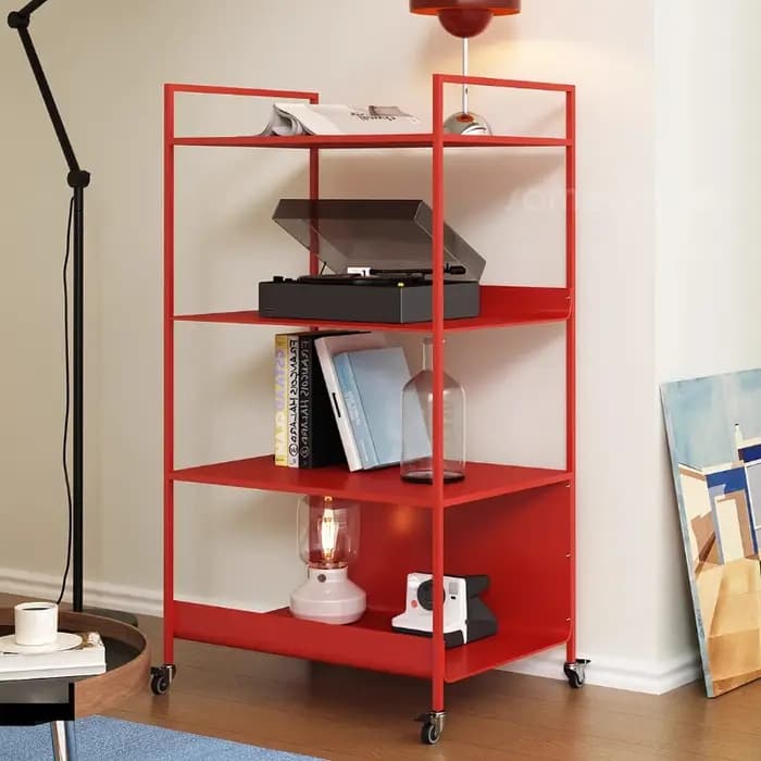 Bibliothèque de sol minimaliste rouge, organisateur de rangement moderne à 4 niveaux pour salon, pré