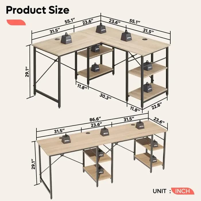 Bureau d'ordinateur d'angle réversible Bestier en forme de L avec étagères de 86,6 pouces ou table l