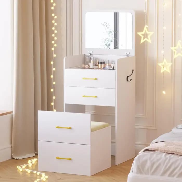 Coiffeuse 3 en 1 avec miroir rabattable pour chambre à coucher, petite coiffeuse compacte avec plate