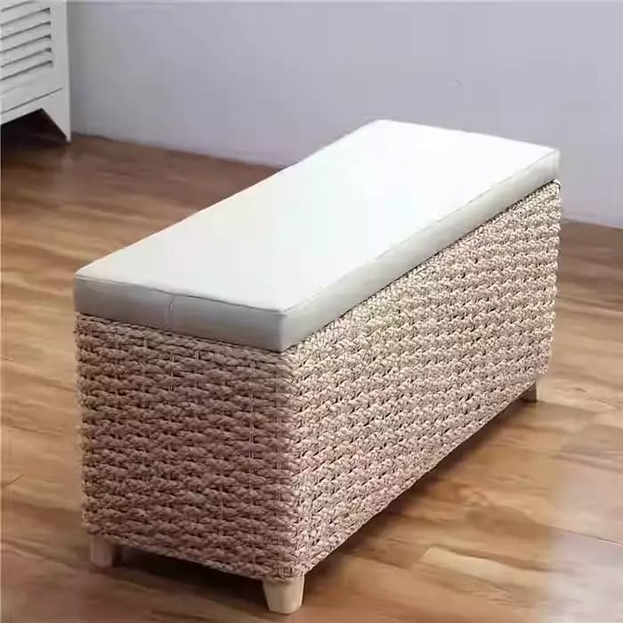 Banc ottoman en bois massif rembourré, tissage en rotin, pour couloir, entrée, avec organisateur sou