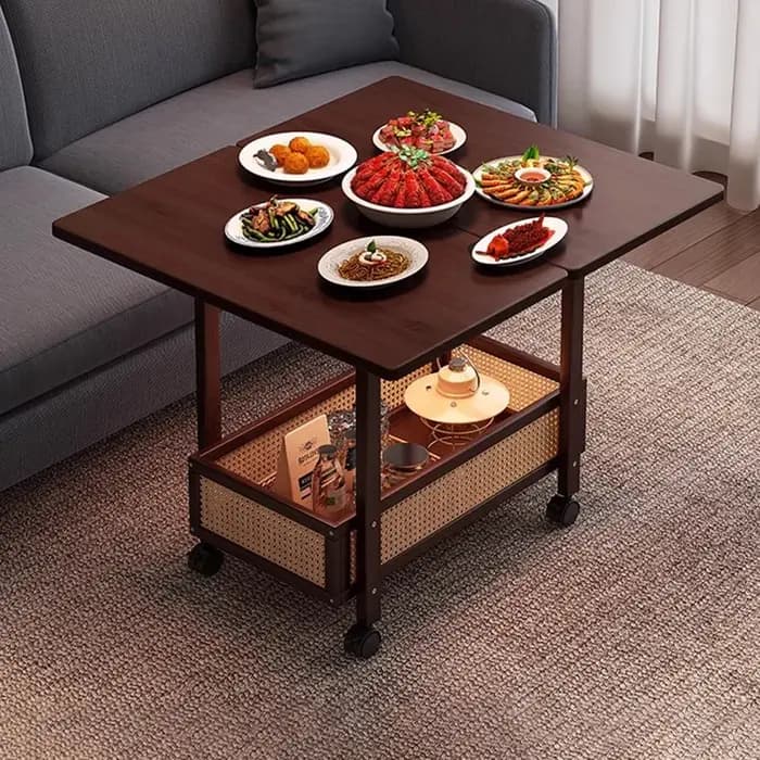 Table basse Mobile pliante en rotin sur roulettes