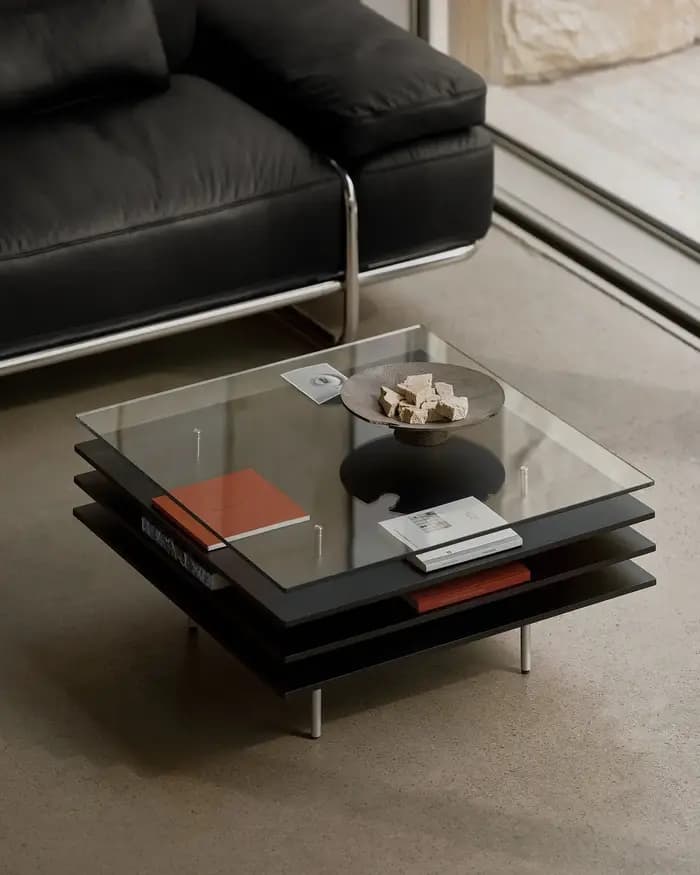 Table basse en verre noir avec rangement pour salon et hôtel, style Art et Nordique