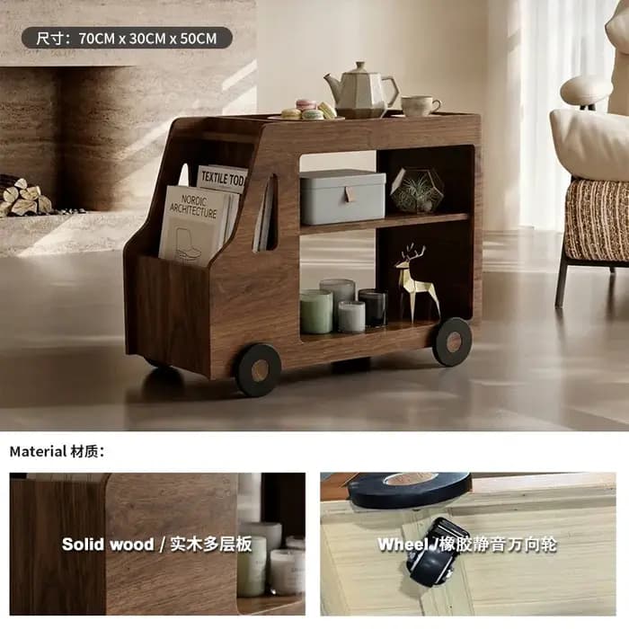 Table basse vintage avec rangement sur roulettes