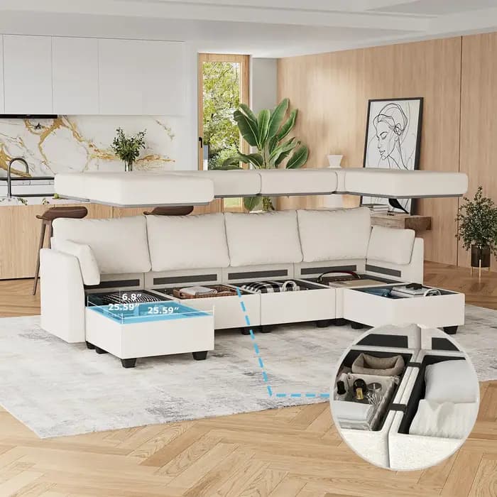 Canapé modulaire sectionnel avec rangement, mousse à mémoire de forme, convertible, en forme de U, c