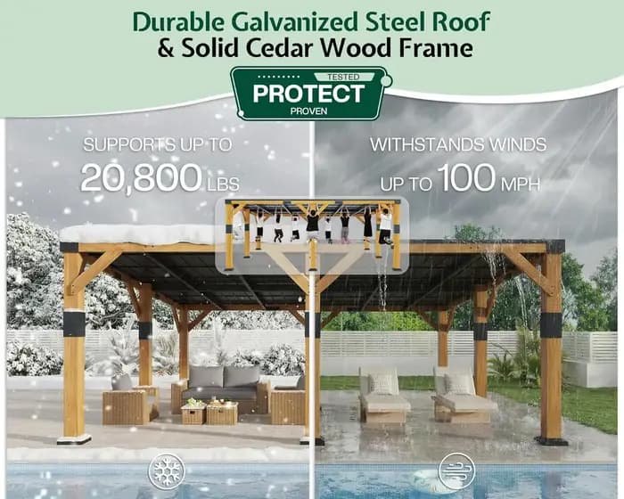 Gazebo en bois de cèdre de 20' x 20' avec toit en acier galvanisé incliné, pavillon à toit rigide av
