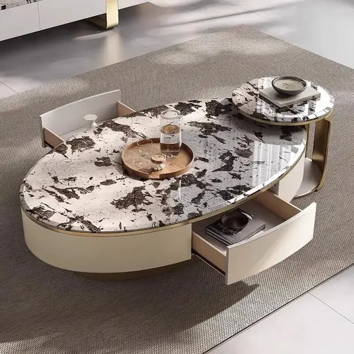 Table basse ovale de luxe en marbre avec cadre en bois et base métallique