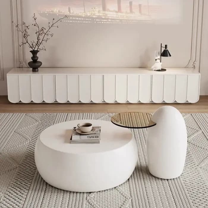 Meuble TV blanc brillant en bois massif