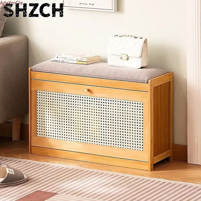 Banc d'entrée en bambou naturel avec coussin et rangement basculant pour chaussures