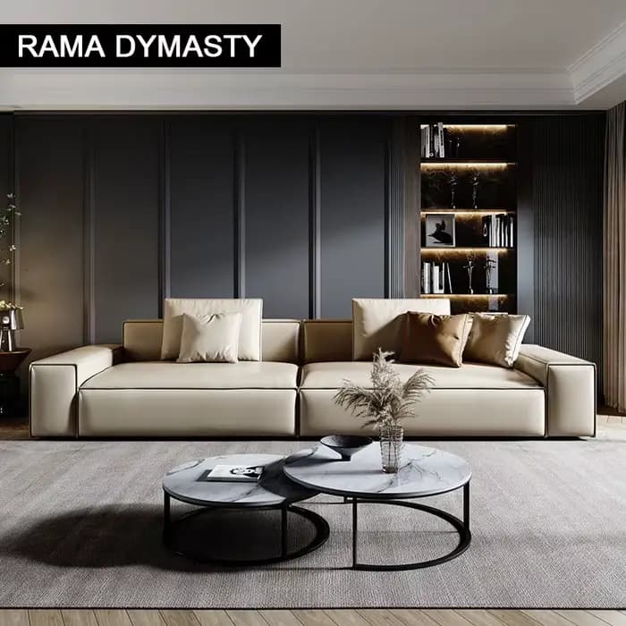 Canapé moderne rembourré en cuir véritable beige à 3 places avec oreillers