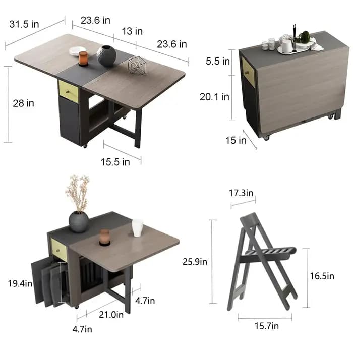 Table de Salle à Manger Pliante avec Rangement T1 et Deux Tiroirs de Rangement