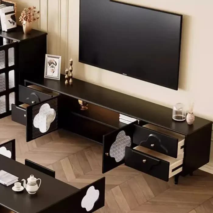 Meuble TV design noir brillant avec poignées et pieds