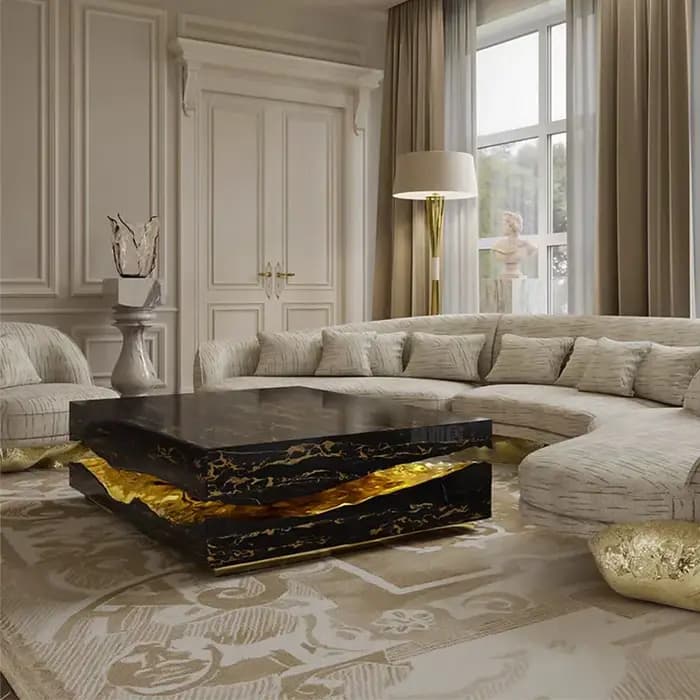 Table basse en marbre italien de luxe sur mesure, toutes tailles, base en métal, pour villa, manoir,