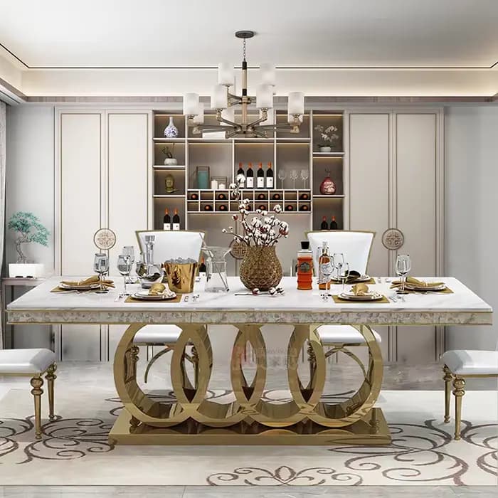 Ensemble de table à manger rectangulaire en marbre de luxe moderne haut de gamme pour hôtels et restaurants, mobilier élégant pour salle à manger