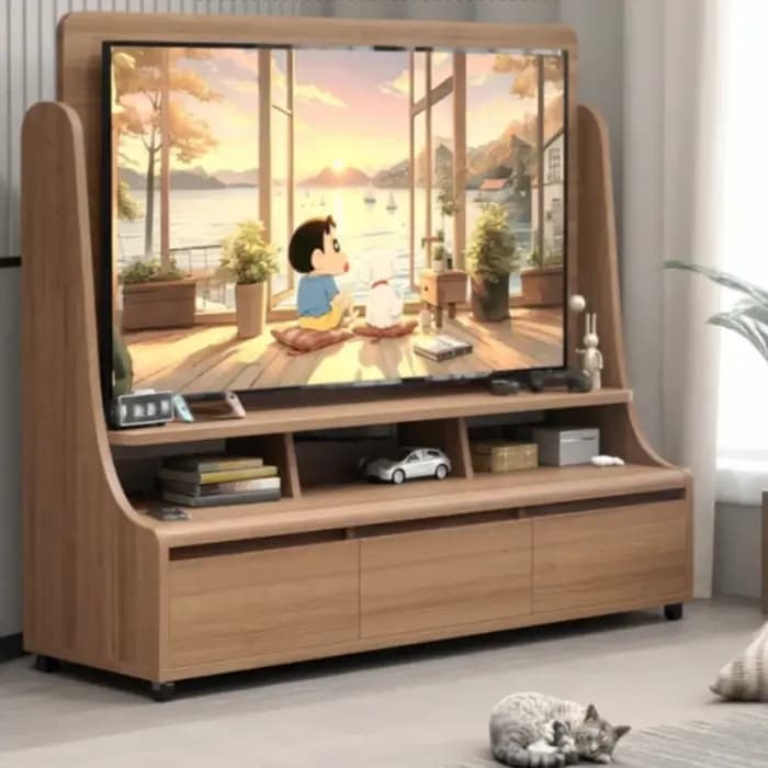 Meuble TV mural mobile avec rangement au sol et étagères