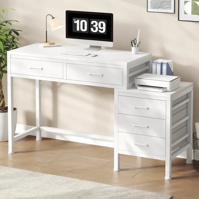 Bureau d'ordinateur JHK 51IN avec 5 tiroirs, petit bureau de bureau, table d'ordinateur avec support