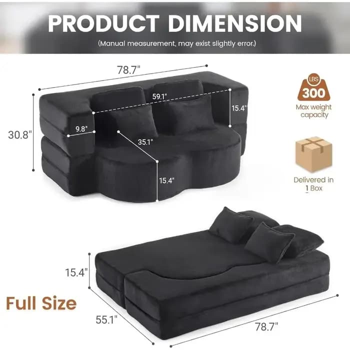 Canapé-lit pliant convertible, canapé-lit pleine grandeur de 78 pouces, causeuse futon pleine mousse