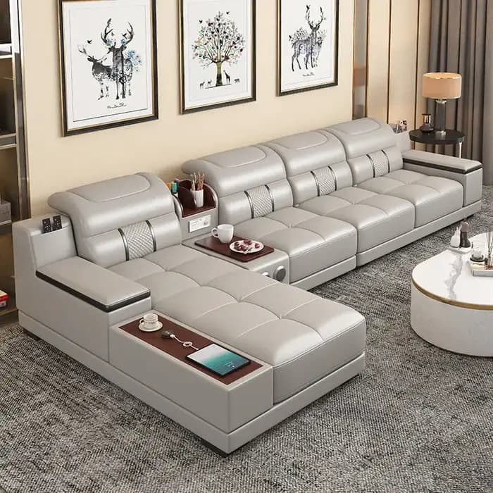 Canapé italien élégant en cuir véritable pour le salon avec porte-gobelet, USB, appui-tête réglables