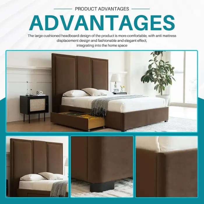 Lit plateforme rembourré Queen Size avec tête de lit haute de 64 pouces, tiroirs de rangement, suppo