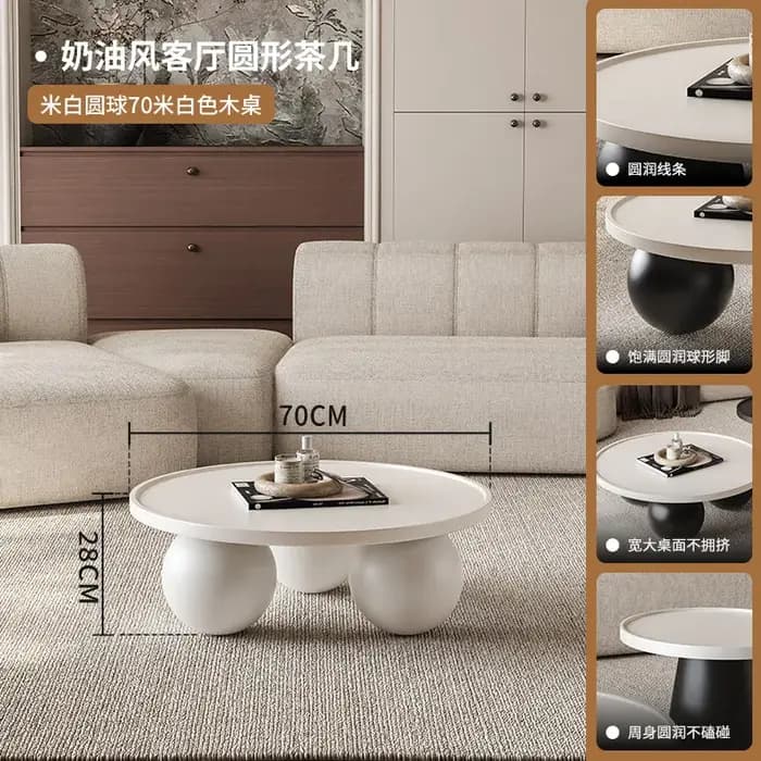 Table basse ronde petite pour salon, plateau d'appoint, table de chevet blanche, style Japandi, meub