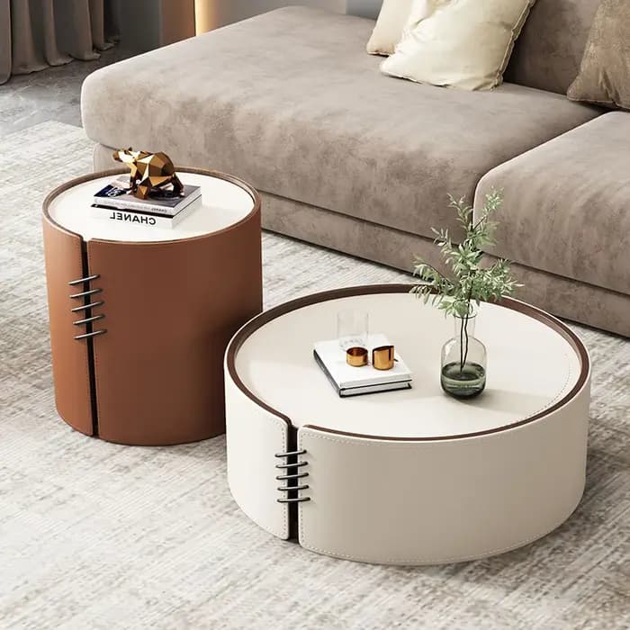 Ensemble de table basse ronde en cuir et pierre frittée