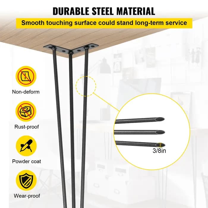 SucceBuy pieds de Table en épingle à cheveux noir, ensemble de 4 pieds de bureau, 3 tiges pour banc,