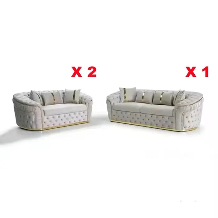 Ensemble de canapés modulaires Chesterfield MANBAS 3+2+2 places avec boutons en tissu et base en acier inoxydable doré