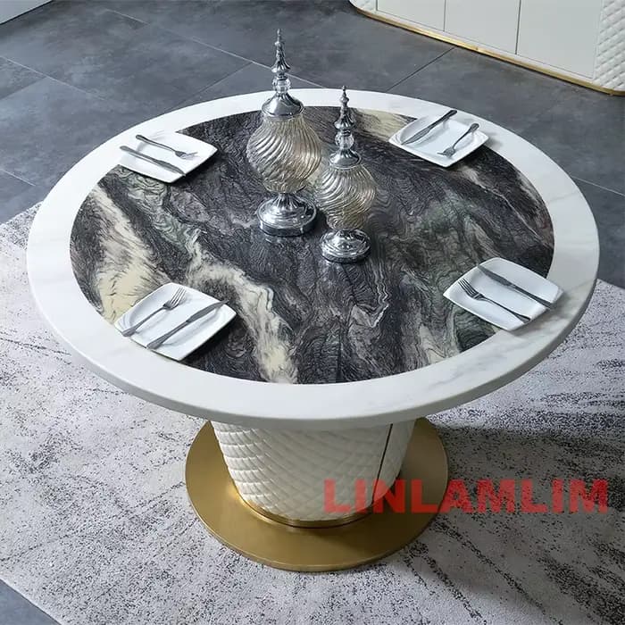 Ensemble de table à manger moderne 7 pièces pour 6 personnes, table à manger ronde en marbre avec 6 chaises rembourrées en cuir véritable, cuisine salle à manger