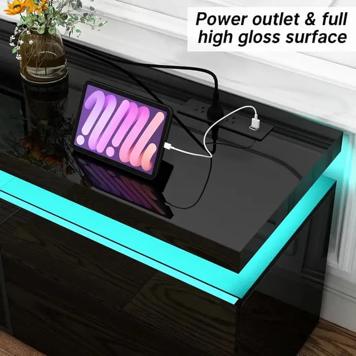 Meuble TV LED 83 pouces avec foyer électrique et prise de courant, surface haute brillance, 2 armoir