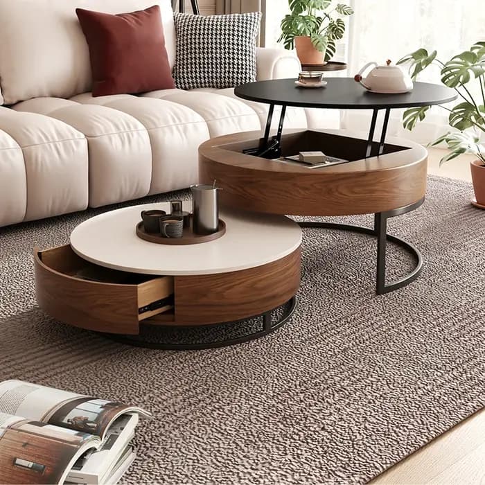 Table basse de levage en bois ronde multifonctionnelle moderne avec plateau en marbre avec rangement