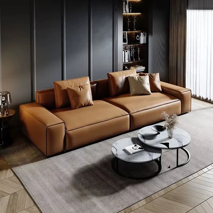 Canapé moderne rembourré en cuir véritable beige à 3 places avec oreillers
