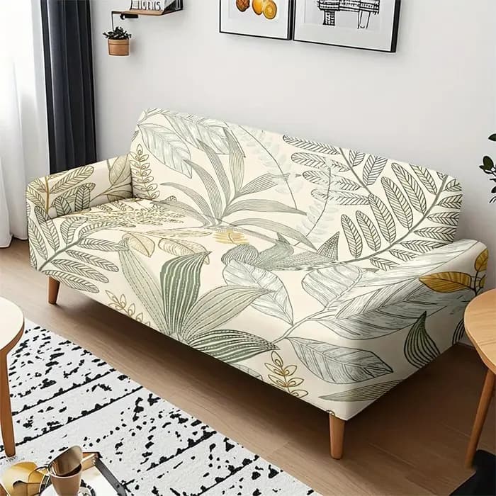 Housse de canapé extensible à imprimé feuilles tropicales vert sauge bohème