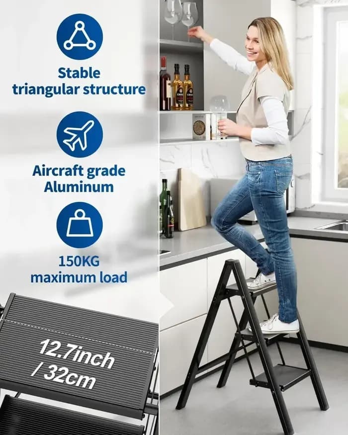 Escabeau Pliant en Aluminium avec Large Pédale Antidérapante, Escabeau Portable, observateur, Argent