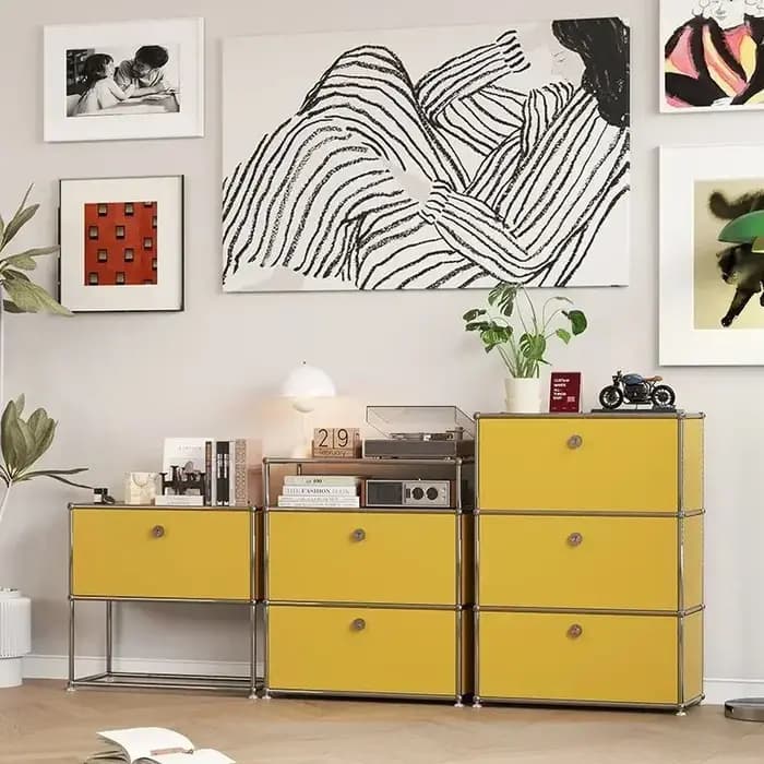 Buffet à Module Vintage, meuble de rangement pour salon, chambre à coucher en bois, cadre métallique