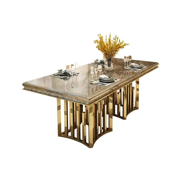 Linlamlim-Ensemble de table à manger en marbre avec cadre en acier inoxydable doré