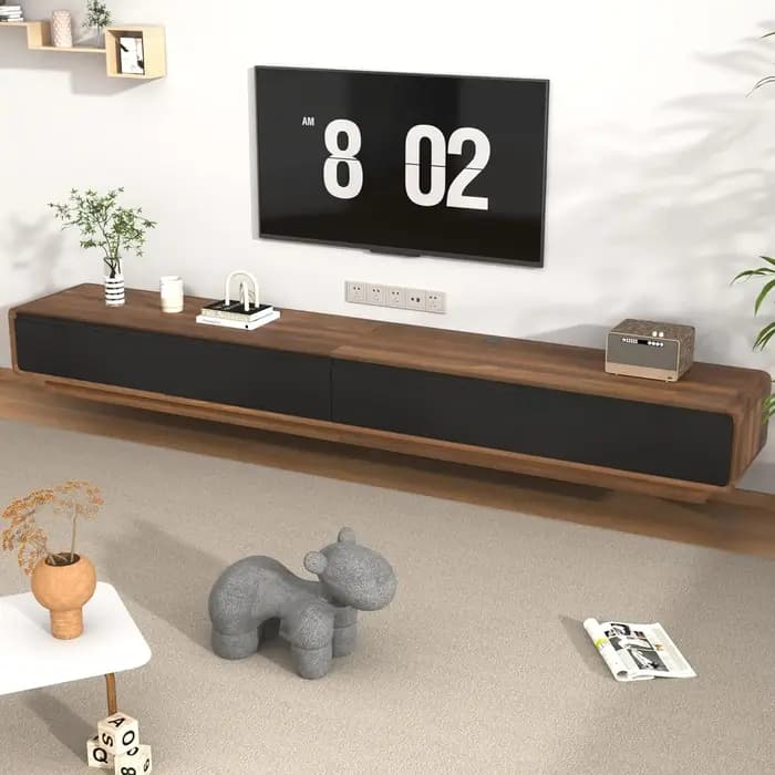 Meuble TV flottant 94,5 pouces, console multimédia avec 2 tiroirs, fixation murale, pour salon, en n