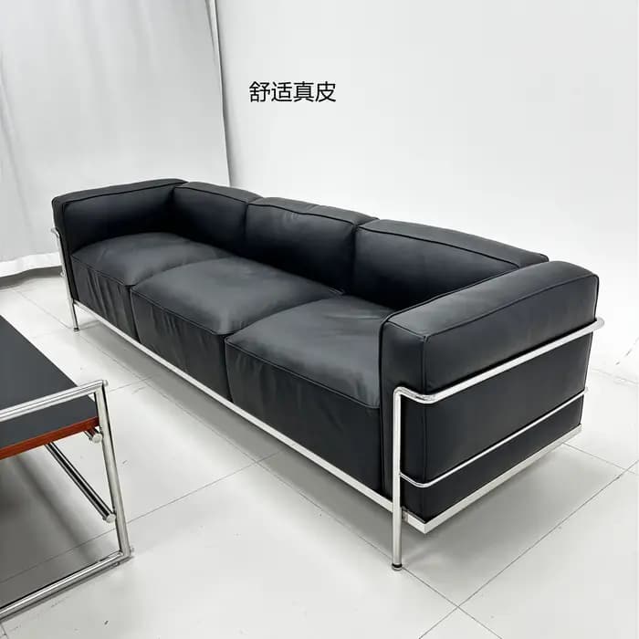 Canapé 3 places en cuir véritable noir de luxe nordique avec coussins en éponge pour salon école sou