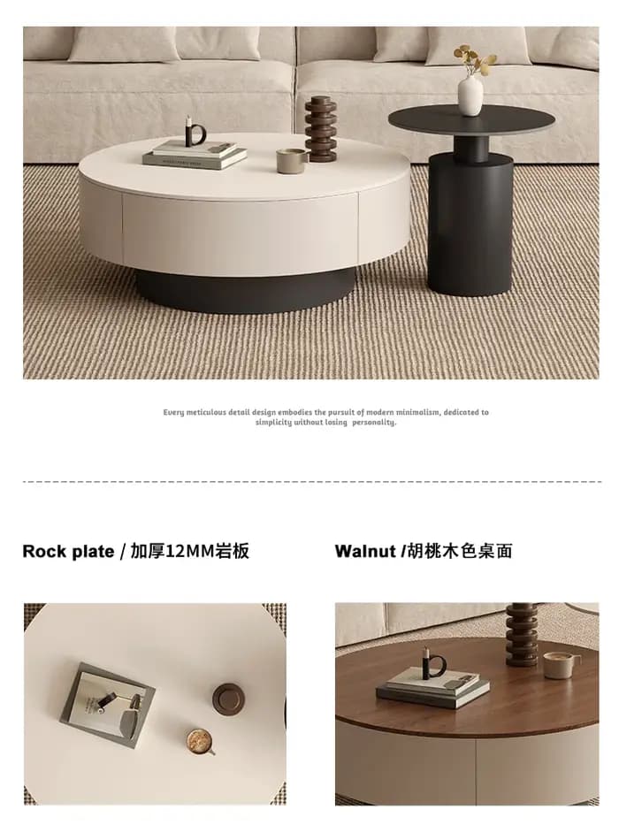 Table basse ronde moderne avec rangement dissimulé
