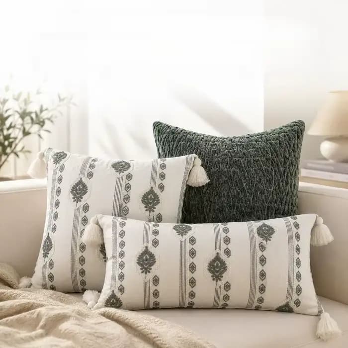 Housse de coussin bohème vert sauge et crème