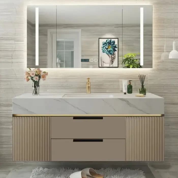 Meuble de salle de bain de luxe en bois avec tiroirs étanches, design élégant, ensemble complet de r
