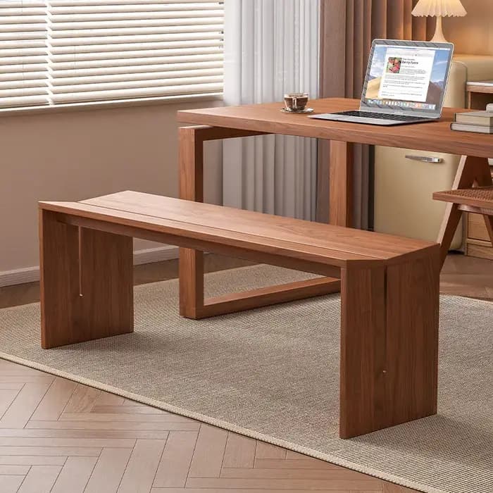 Banc long en bois massif Wabi Sabi noir, minimaliste, avec repose-pieds, pour chambre, entrée, siège