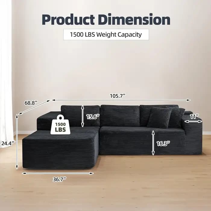 Canapé modulaire en forme de L Cloud Sectional de 106 pouces avec chaise longue, canapé sans structu