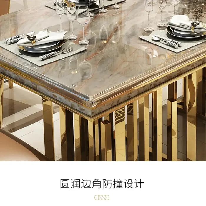 Linlamlim-Ensemble de table à manger en marbre avec cadre en acier inoxydable doré