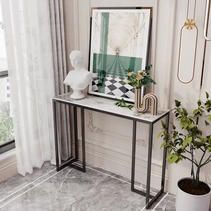 Table Console Moderne en Marbre avec Cadre D.lique, Support Latéral d'Accent, Canapé, Entrée, Hall,