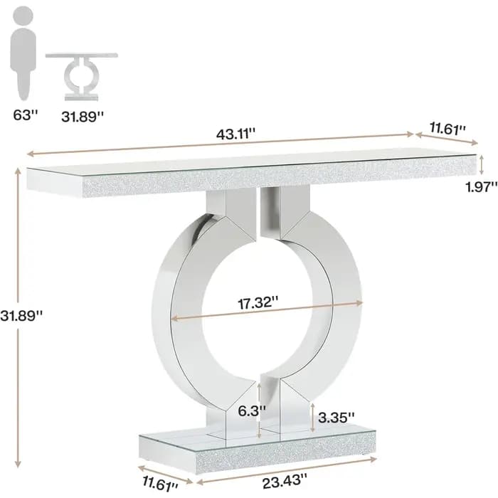 Table console en miroir avec base en forme de O, table d'entrée, table de canapé en verre avec finit