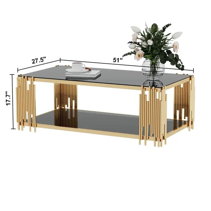 Table basse rectangulaire en verre pour salon, acier inoxydable, table centrale moderne, verre noir