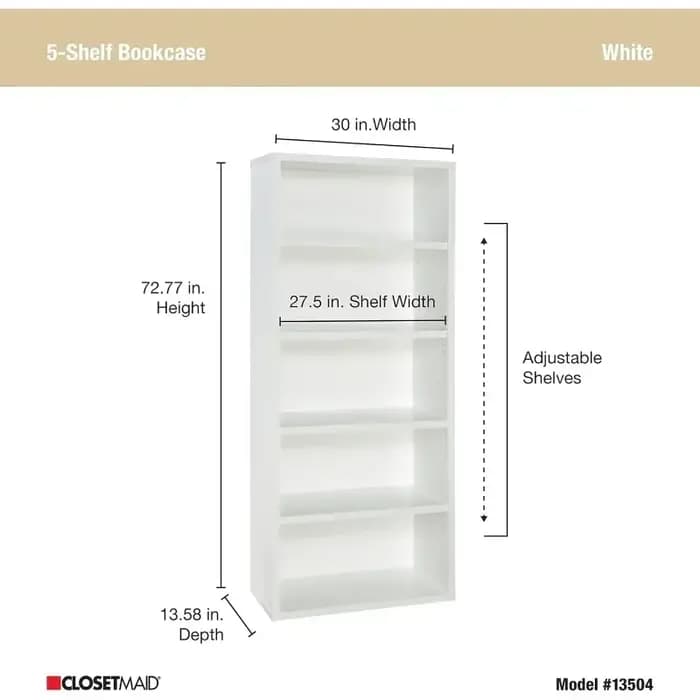 Bibliothèque à 5 étagères, étagères réglables, bibliothèque haute en bois robuste avec panneau arriè