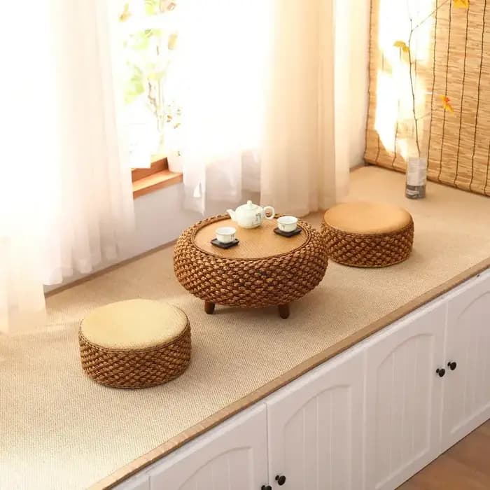 Table basse japonaise ronde en rotin tissé à la main avec rangement pour salon, table à thé