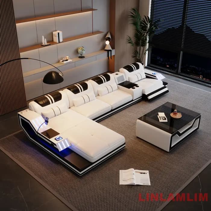 Canapé-lit sectionnel convertible en cuir véritable avec appuie-têtes réglables, fauteuils inclinabl